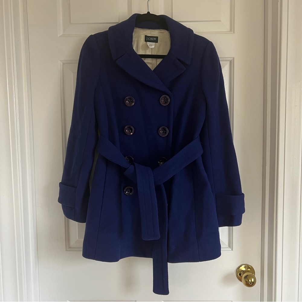 J Crew Wool Lille Cobalt Blue Belted Peacoat - Picture 2 of 8